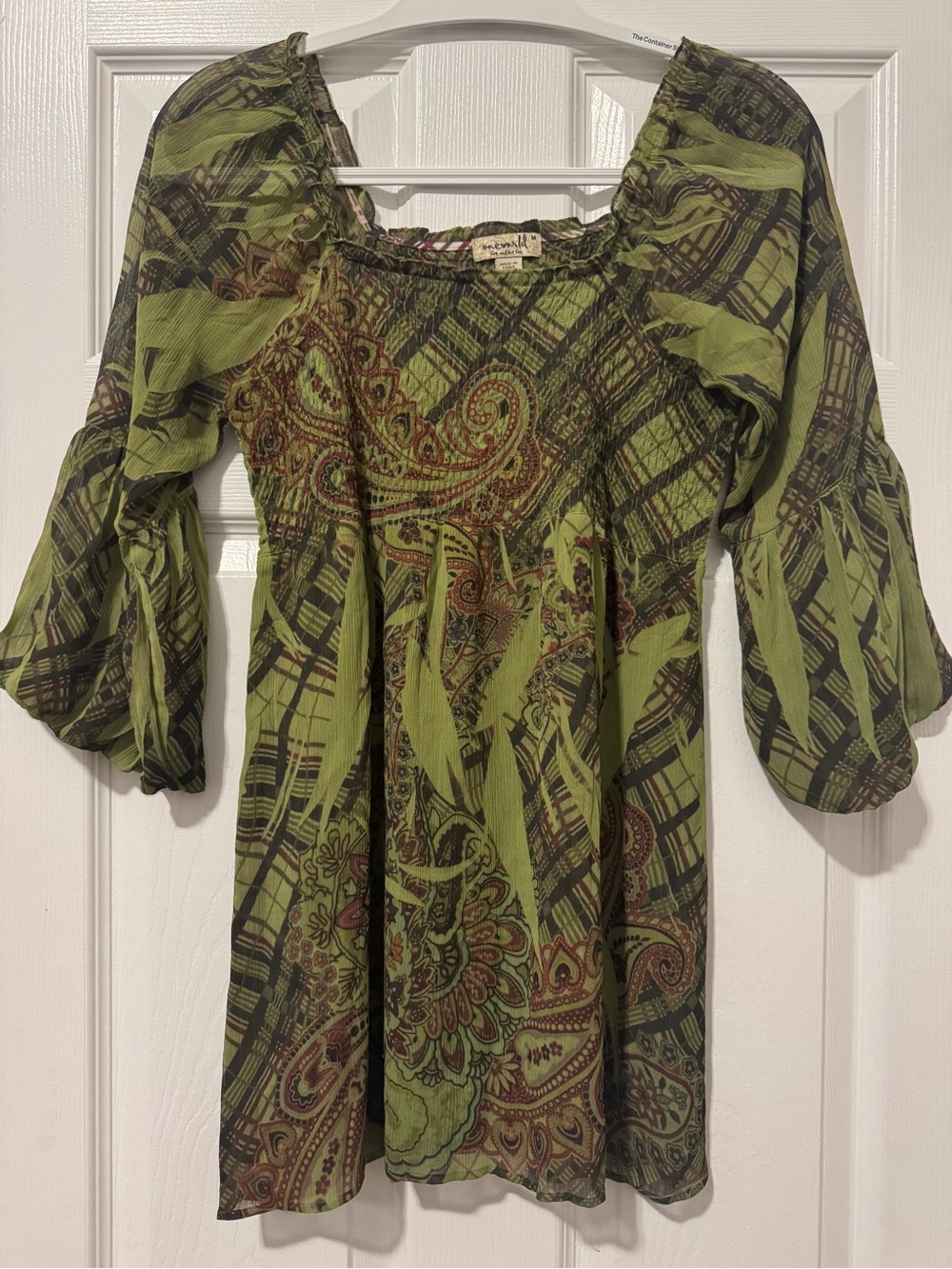 ONE WORLD Olive Green Paisley Smocked Tunic